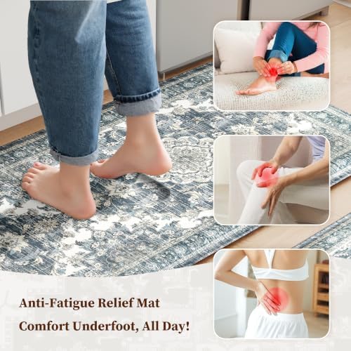 Boho Kitchen Mats for Floor 2PC Anti Fatigue Kitchen Rugs, Dark Blue - Image 3