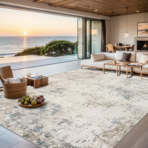 8x10 Area Rug Living Room: Modern Abstract Washable Carpet Beige by PLHXFRSoftAreaRugs