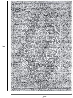 KUTA Vintage Floral Area Rug 9x12 Washable Large Rug Grey Blue White - Image 2