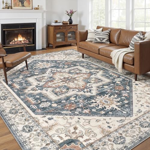 10x12 Area Rug for Living Room- Machine Washable Soft Oriental Vintage Large Indoor Floor Carpet for Bedroom Under Dining Table Home Office Decor - Vintage Blue by homewill