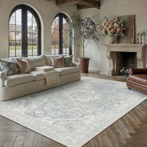 PureCozy Blue Area Rug 9x12 Living Room Vintage Floral Non-Slip Carpet - Image 2