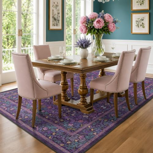 Plum Purple Floral Area Rug 6x9 for Dining Room, Living Room, Bedroom by HazoHaus