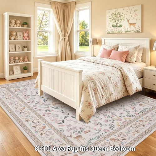 RCTJHOME 8x10 Beige Floral Nursery Kids Washable Area Rug Non-Slip Carpet - Image 2