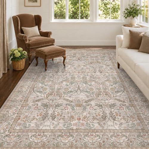 Moss Green 5x7 Washable Living Room Rug, Vintage Farmhouse Dining Room Rugs for Under Table, Machine Washable Low Pile Kitchen Carpet, Non Slip Stain Resistant Large Throw Carpet for Entryway Bedroom by Evyhood