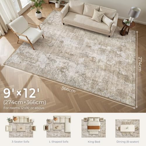 DMOYEST Area Rug Living Room Rugs - 9x12 Washable Large Soft Neutral Modern Low Pile Carpet for Bedroom Dining Room Farmhouse Home Office Indoor - Abstract Brown White - Image 2