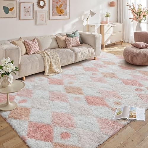 PureCozy Pink 9x12 Area Rug for Living Room Soft Checkered Shag Carpet by PureCozy