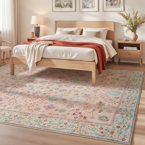 Goideal Pale Pink Rug for Girls Room, 5x7 Floral Washable Area Rug Non Slip, Boho Low Pile Carpet with Rubber Backing for Bedroom Living Room Bathroom Playroom Nursery Office - Image 3