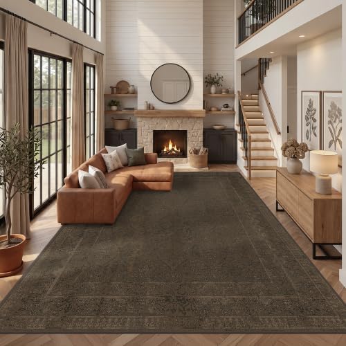 Brown Vintage Washable 9x12 Area Rug for Living Room, Bedroom & Dining Room, Non-Slip Low Pile Stain Resistant Floor Carpet, Modern Farmhouse Décor by TALANOVA