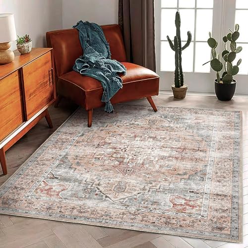 CHAMPLANT 3'x5' Light Cyan and Light red Vintage Washable Thin Area Rug Traditional Floor Cover Foldable Indoor Distressed Non Slip Carpet Floral Print Mat Bedroom Living Room Bathroom by CHAMPLANT