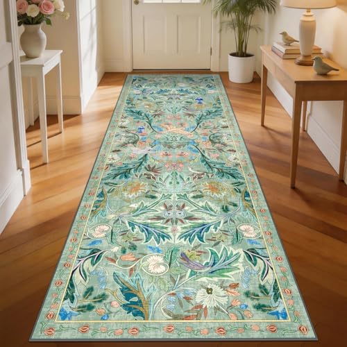 nesrt 2.6'x 8' Bird Runners for Hallway Kitchen Rug Non Slip, Long Washable Boho Jungle Runner Rugs, Soft Floral Botanical Carpet Runner for Hall, Laundry, Bedroom, Bathroom (Light Green) by nesrt