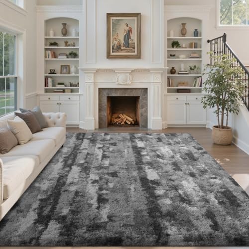 5x7 Ft Area Rugs for Living Room, Grey and White Plush Fluffy Shaggy Bedroom Rugs Non-Slip, Ultra Soft Carpet for Nursery Kids PlayRoom Dorm Office Indoor - Image 2