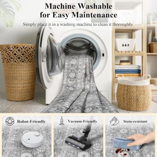 JOOJA 2x3 Grey Vintage Low Pile Non Slip Washable Boho Entryway Throw Rug - Image 5