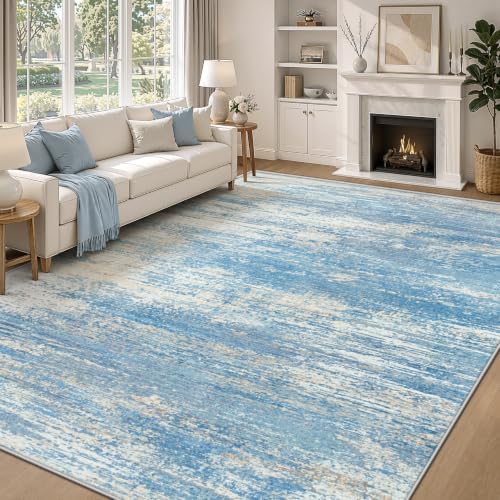 Washable Rug 8x10 Area Rugs for Living Room: Large Neutral Soft Rug Abstract Non Slip Low Pile Modern Carpet for Bedroom Kitchen Nursery Office Dining Room Indoor (Lightblue, 8'x10') by LOSBULAKE