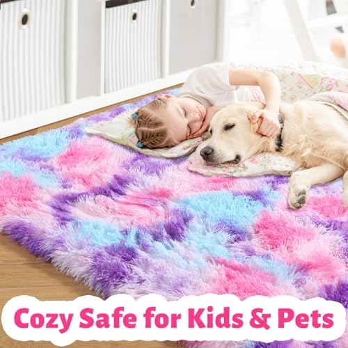 Amdrebio Pink Blue Purple Fuzzy Area Rug 5x7 for Girls Bedroom Kids Room - Image 2