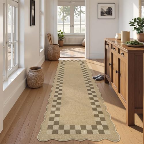 LIVEBOX Scalloped Easy Jute Checkered Runner Rug for Kitchen, Washable 2x8 Tan Rugs for Hallway Runner Entryway, Geometric Indoor Outdoor Non Slip Rug Farmhouse Modern Carpet Door Mat for Porch - Image 3