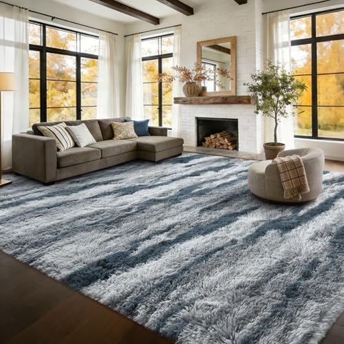 8x10 Extra Large Fluffy Area Rugs Non-Slip for Living Room Tie-Dyed Blue - Image 3