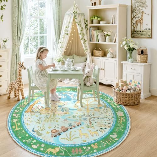 Tribesigns Washable Zoo Floral 6ft Round Kids Playroom Rug, Soft Cute Blue Nursery Rugs for Bedroom, Non-Slip Low Pile Indoor Animal Print Circle Carpet Rugs for Kids Room Living Room, Blue/6' Round - Image 3