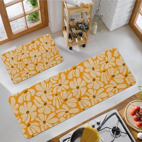 Spring Daisy Floral Kitchen Mats Decor, Yellow Retro Groovy Flower Power Kitchen Rugs Sets of 2, Vintage 1970s Floral Rug Home Decorations Indoor - Image 6