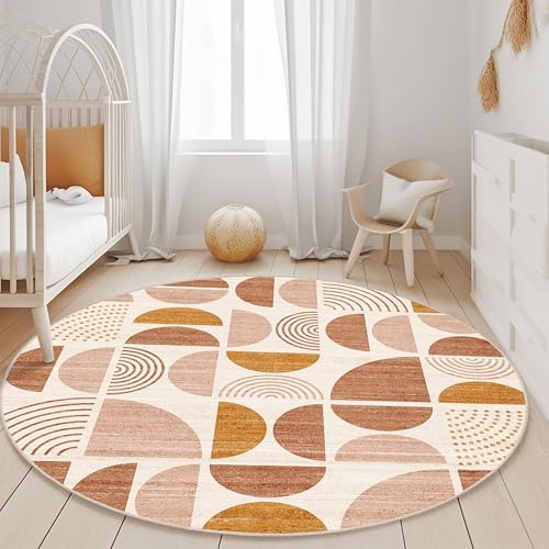 MUJOO Round Rugs 5ft,Circle Area Rug Washable Non Slip Modern Abstract Boho - Image 2