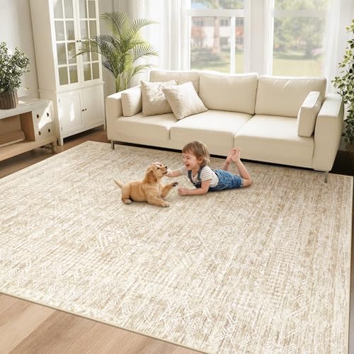 Washable Area Rug 5x7: Moroccan Rug for Living Room Geometric Boho Rug Farmhouse Non Slip Stain Resistant Rugs Low Pile Soft Carpet for Bedroom Dining Room Home Office Children Room (Beige,5'x7') by VECARF