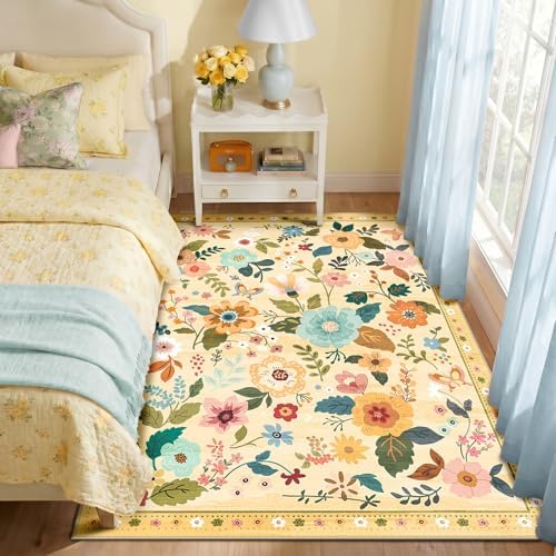 RELEANY Floral Washable 3x5 Area Rugs Yellow/Orange by RELEANY