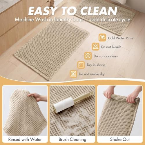 MIULEE Set of 2 Waffle Bathroom Rugs Boho Bath Mat Pale Beige 18x30 Inch - Image 6