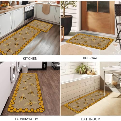 Summer Bee Kitchen Rugs Sets of 2 Non Slip Washable, Farmhouse Rustic Summer Kitchen Mats for Floor 2 Piece Home Decor - Image 7