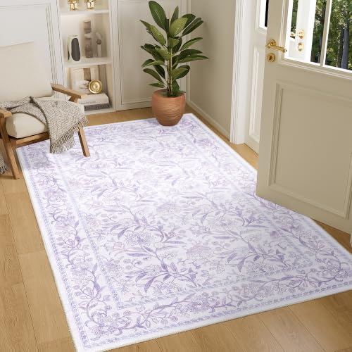 DUKINO 4x6 Area Rug, Washable Vintage Floral Rug for Living Room, Purple by DUKINO