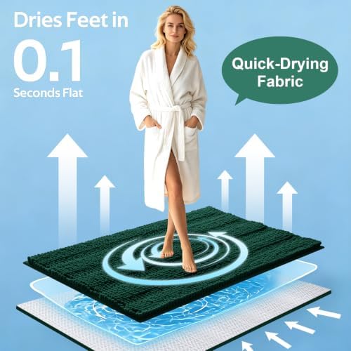 Christmas Striped Deep Green Bathroom Rug Mat Set 2 piece 32"x20"+24"x17" Ultra Soft, Non Slip Chenille Bath Rugs, Absorbent Plush Shaggy Bath Mats for Bathroom, Bedroom, Kitchen, Shower, Tub - Image 3
