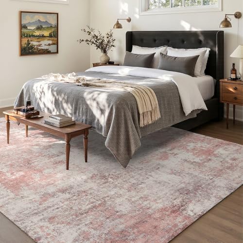 8x10 Pink Gray Washable Area Rug for Living Room, Vintage Print - Image 2