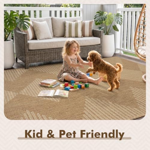MontVoo-Outdoor Rug Carpet Patio Rug 4x6 ft Polypropylene Indoor Outdoor Rugs for Patio Deck Balcony Porch, Textured Weave, Durable for High Traffic, Fade-Resistant, Boho Geometric Neutral Brown - Image 4