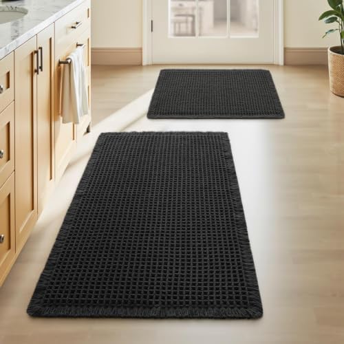 Upgraded Waffle Bath Mat Set of 2 Absorbent Bathroom Mat 17"x24" + 18"x30" by AMOAMI