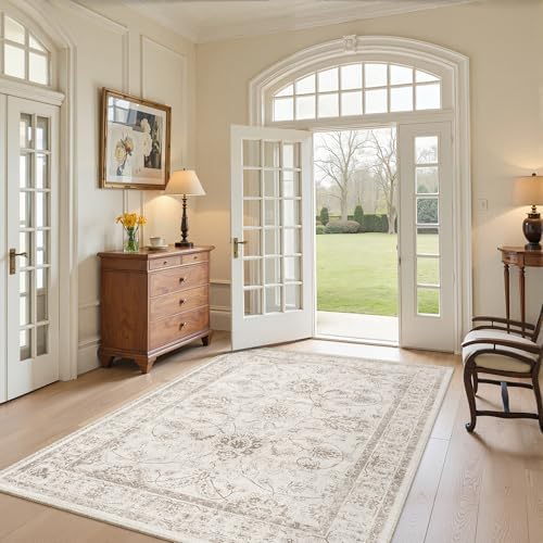 Madane Washable Area Rug 4x6 for Living Room, Soft Neutral Rugs Brown/Ivory by Madane