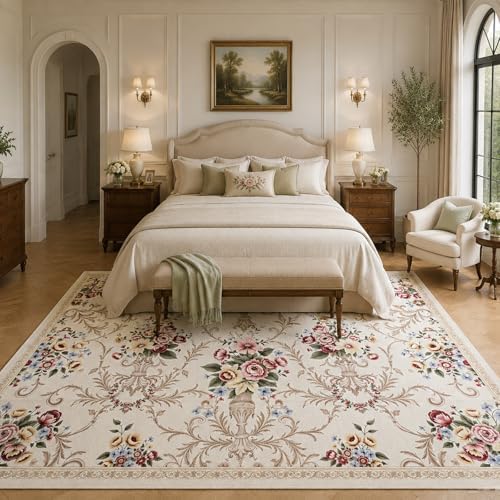 Helthep 8 * 10ft Vintage Floral White Washable Area Rug for Living Room - Image 3