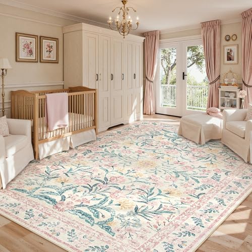 Lahome 9x12 Pink Kids Girl Rugs for Bedroom, Boho Washable Floral Area Rug by Lahome