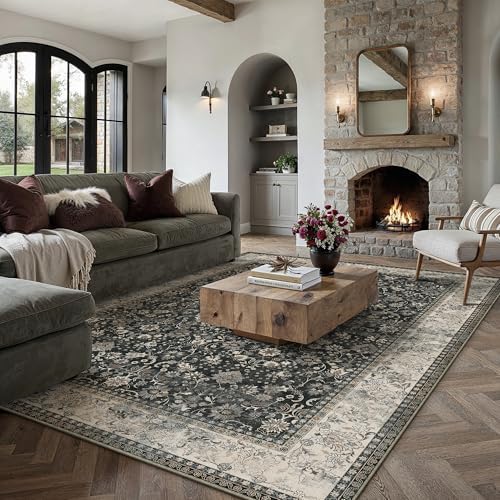 HUGEAR 6x9 Black Beige Vintage Floral Washable Area Rug for Living Room - Image 3
