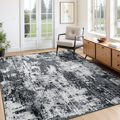 RELEANY Washable 4'x6' Abstract Area Rug for Living Room Black White - Image 2