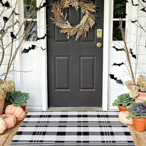 Fall Décor Plaid Rug, 2'4" x 3'7" Black&White Check Indoor/Outdoor Area Rug, Layering Rug for Hello/Welcome Doormat, Machine Washable Cotton Woven Rugs for Farmhouse Front Porch,Entryway - Image 2