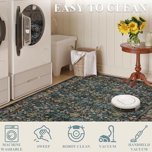 DUKINO 2.6x8 Runner Rug, Washable Vintage Floral Kitchen Rug, Blue - Image 5