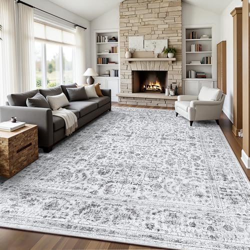 8x10 Area Rugs for Living Room, Washable Vintage Retro Floral Rug, Low Pile Non Slip Distressed Large Carpet for Bedroom, Dining Room, Office, Home (Vintage Black) by Yarooge