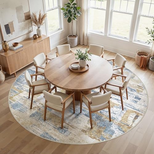 kakania Abstract 12x12 Round Rugs for Living Room: Circle Rugs 12FT Blue Gold - Image 5