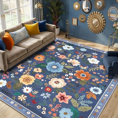 RELEANY Floral Washable 8x10 Area Rugs Blue/Grey by RELEANY