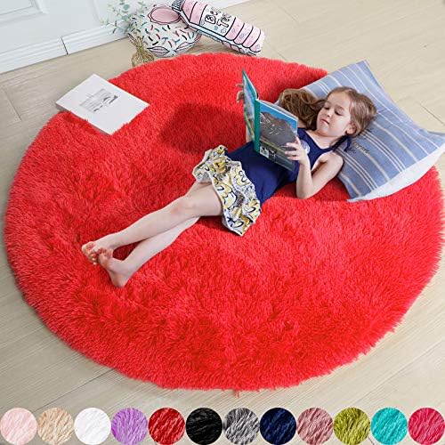 Amdrebio Red Fluffy Round Rug 5Ft for Kids Boys Bedroom Living Room Nursery by Amdrebio
