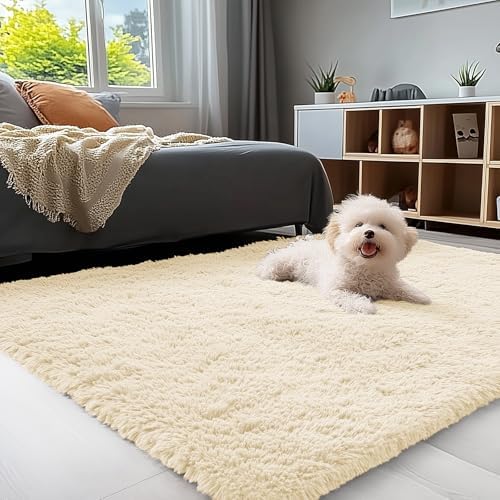 OLANLY 3x5 Machine Washable Small Bedside Rug, Soft Fluffy Shaggy Rugs for Living Room, Bedroom, Indoor Floor Carpet for Kids Girls and Boys, Preppy Dorms, Nursery, Home Decor Aesthetic, Cream by OLANLY