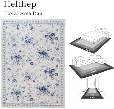 Helthep Floral Soft & Non-Slip Area Rug – Ultra-Thin Faux Cashmere, Pet-Friendly, Easy to Clean, Durable TPR Backing – Elegant Flower Pattern for Bedroom & Living Room (Light Blue/Cream, 5' x 7') - Image 3