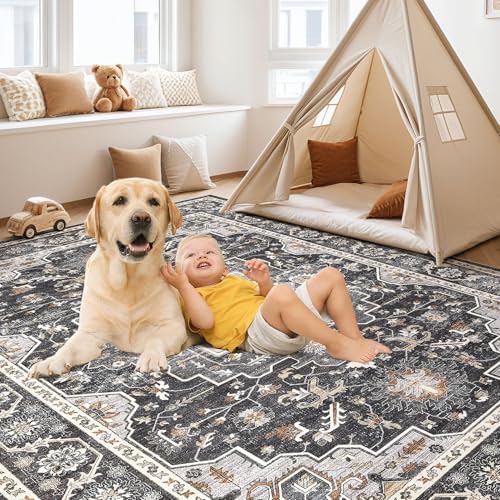 Vintage Living Room Area Rug 5x7 - Large Soft Washable Oriental Traditional Distressed Farmhouse Rugs for Bedroom - Indoor Floor Accent Carpet for Home Office House Decor - Black - Image 4