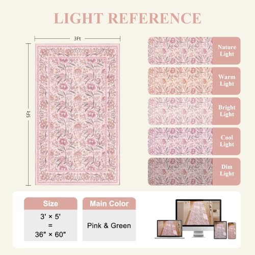 DUKINO 3x5 Rug, Washable Vintage Floral Bedroom Area Rug Non Slip, Pink - Image 2