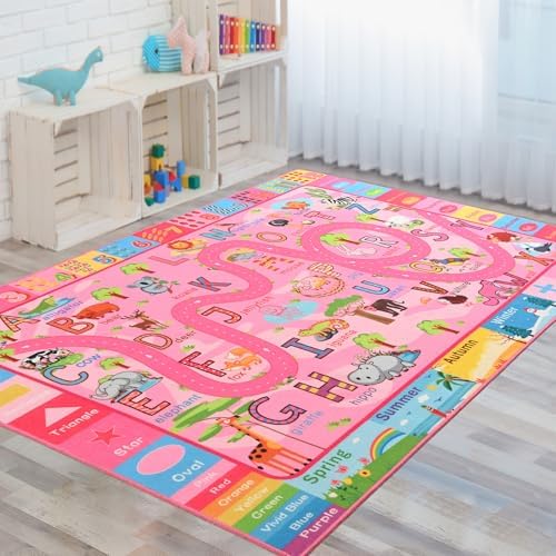 Terrug Education Kids Rug for Classroom, Washable ABC Play Rugs 4x6 Pink by TerrugHomeDecor