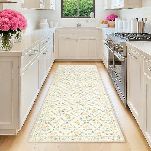 PLHXFR 2x5 Washable Runner Rug：Floral Indoor Kitchen Carpet Beige Multi by PLHXFRSoftAreaRugs