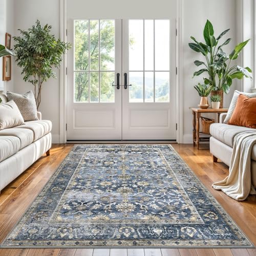 KUTA Vintage 5x7 Area Rugs Blue Grey Beige Washable Rugs for Living Room - Image 3